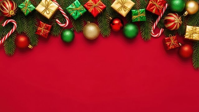 Christmas decorations on red background including gifts candy canes and ornaments on pine branches