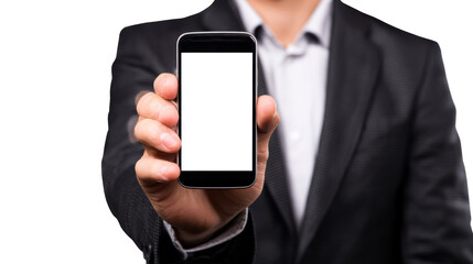 Man in a suit holds a smartphone with a blank screen forward for you to add your own content, perfect for presentations or app promotion.