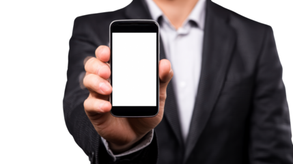 Man in a suit holds a smartphone with a blank screen forward for you to add your own content, perfect for presentations or app promotion.
