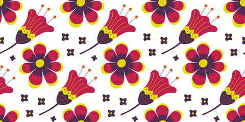 Seamless botanical pattern with red and violet flowers on a white background for wallpaper, textiles, fabric and wrapping paper.