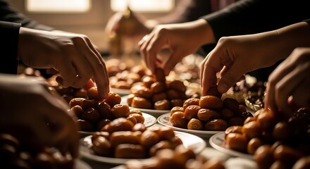 Close-up of many hands reaching for sweet dates on plates, capturing a moment of communal sharing, tradition, and hospitality in warm ambient light.