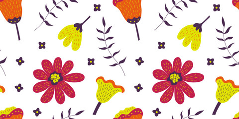 Seamless botanical pattern with red and yellow and orange flowers and violet leaves on a white background for wallpaper, textiles, fabric and wrapping paper.