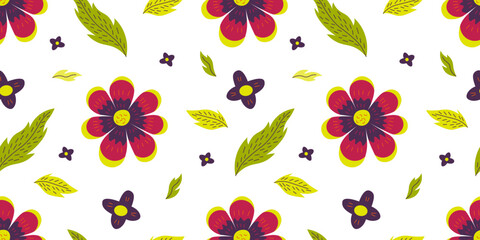 Seamless botanical pattern with flowers and green leaves on a white background for wallpaper, textiles, fabric and wrapping paper.