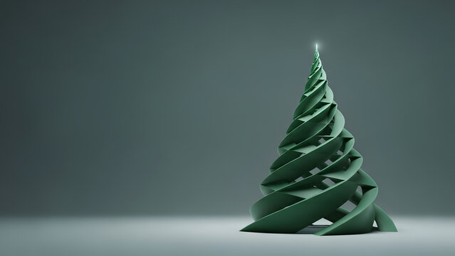 Clean contemporary Xmas pine tree sculpture on grey background. Elegant futuristic new year concept for banner or card design.