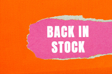 Back in Stock message written on ripped torn paper background. Conceptual Back in Stock symbol....