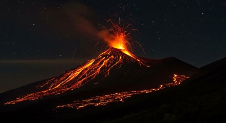 Volcanic Eruption at Night - Fiery Lava Flowing Down Mount Etna.