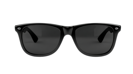 Classic black wayfarer style sunglasses with dark lenses and subtle metallic accents, perfect for advertising summer style, protection, and modern accessory trends.