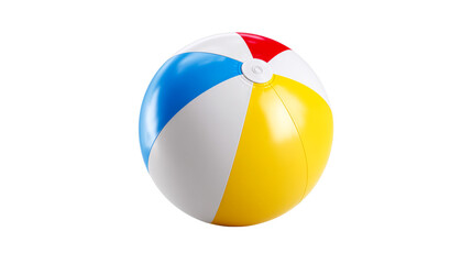 Vibrant beach ball with red, blue, white, and yellow panels shown from the side on a plain background, perfect for summer vacation promotions and leisure activities.