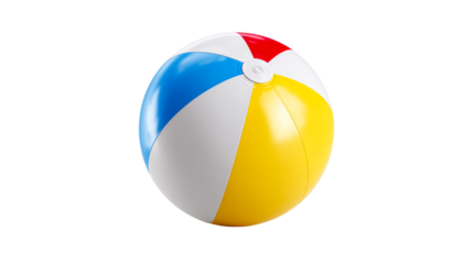 Vibrant beach ball with red, blue, white, and yellow panels shown from the side on a plain background, perfect for summer vacation promotions and leisure activities.