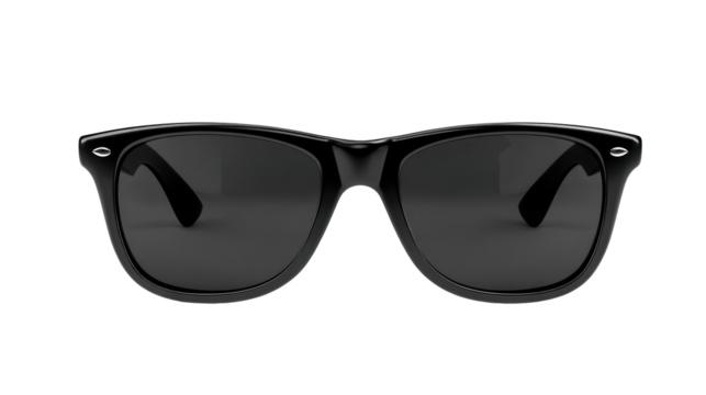 Classic black wayfarer style sunglasses with dark lenses and subtle metallic accents, perfect for advertising summer style, protection, and modern accessory trends.