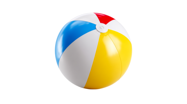 Vibrant beach ball with red, blue, white, and yellow panels shown from the side on a plain background, perfect for summer vacation promotions and leisure activities.