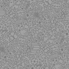 Christmas pattern, doodles, line art, grey color. Seamless floral pattern-870.