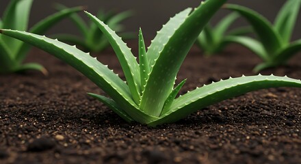 Aloe Vera Plant Growing in Dark Soil Close Up.