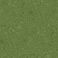 Christmas pattern, doodles, line art, green color. Seamless floral pattern-872.