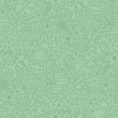 Christmas pattern, doodles, line art, light green color. Seamless floral pattern-873.