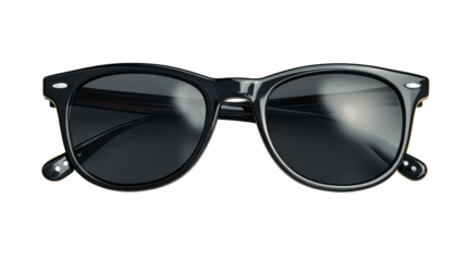 Classic black wayfarer style sunglasses with dark lenses and metal accent details displayed from top view on a plain surface for advertising fashion or summer accessories.