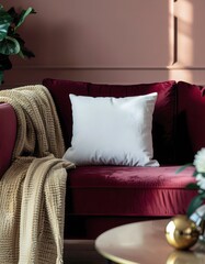 Plush Velvet Couch with White Pillow and Textured Throw Blanket in Warm Light