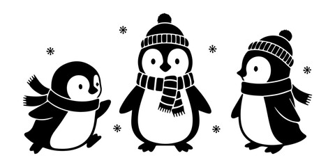 Winter Penguin Silhouette Set with Scarf and Beanie Hat, Cute Vector Characters for Seasonal Designs
