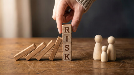Hand placing wooden blocks spelling 'RISK' beside falling blocks and wooden figures, illustrating the concept of risk management and decision-making