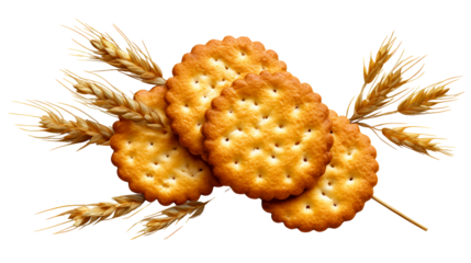 Golden wheat ears arranged with round crackers creating a delicious snack concept for food advertising and healthy eating themes