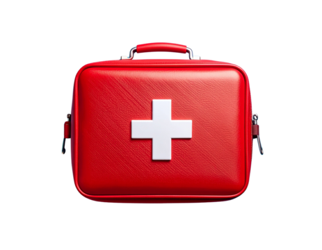  Top-Down View of Red First Aid Kit for Emergency Readiness, Transparent Background.