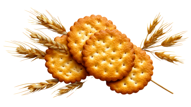 Golden wheat ears arranged with round crackers creating a delicious snack concept for food advertising and healthy eating themes