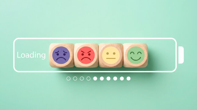 Colorful wooden blocks displaying various facial expressions with a loading bar, symbolizing emotional states and digital interaction in a playful design