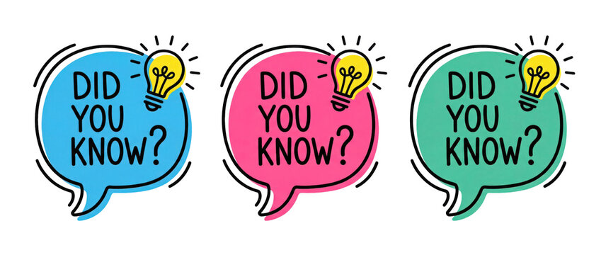 Colorful speech bubbles with light bulbs featuring the phrase "Did You Know?". Isolated on transparent background