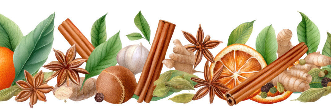 Watercolor illustration of a vibrant border featuring spices, herbs, and citrus fruits with rich textures and colors for culinary design. Isolated on transparent background