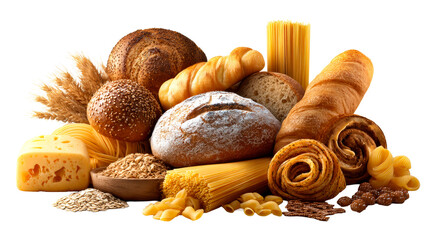 Assortment of breads, pasta, cheese, and grains for baked goods, recipes, or cooking inspiration in a kitchen setting.