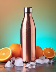 Refreshing Hydration: Copper Bottle with Oranges and Ice Cubes on Reflective Surface