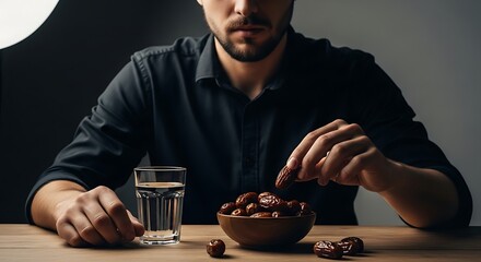 Young Man Mindfully Reaching for a Date from a Wooden Bowl with Water, Symbolizing Healthy Eating, Breaking Fast, or a Moment of Reflection