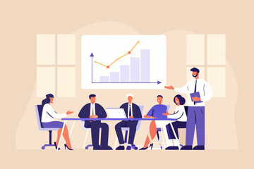 Business presentation with diverse team discussing growth chart in meeting room