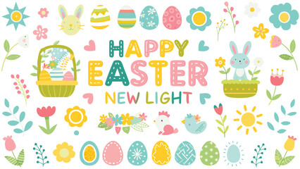 Fototapeta premium Whimsical and colorful collection of easter elements including decorated eggs cute bunnies chicks flowers and the text happy easter new light perfect for spring celebrations and festive designs