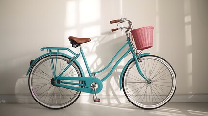 Retro teal bicycle with pink basket leaning against a wall