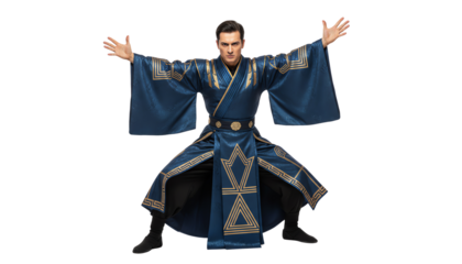 A person in an elaborate blue robe striking a dynamic pose against a white isolated background.