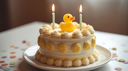 Cute yellow rubber ducky on a small birthday cake with lit candles