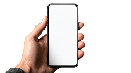 Hand holding a modern smartphone with a blank screen ready for content creation and app demonstrations