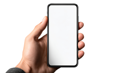 Hand holding a modern smartphone with a blank screen ready for content creation and app demonstrations