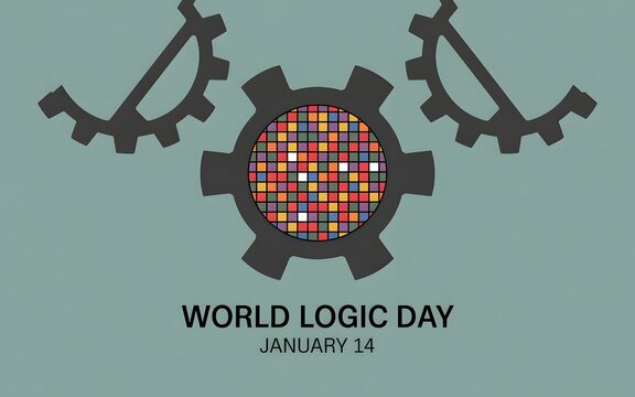 World logic day celebration with gears and digital grid pattern