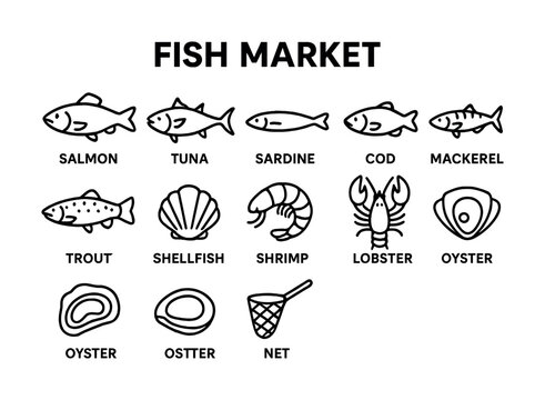 Fish market icons: salmon, tuna, sardine, cod, mackerel, trout, shellfish, shrimp, lobster, oyster