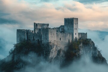 Naklejka premium Historic fortress on a mountain peak in thick morning fog Suitable for travel advertising.