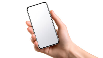 Person holding a modern smartphone with a blank white screen in a studio setting for technology content and app promotion