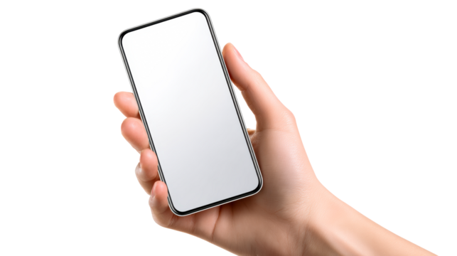 Person holding a modern smartphone with a blank white screen in a studio setting for technology content and app promotion