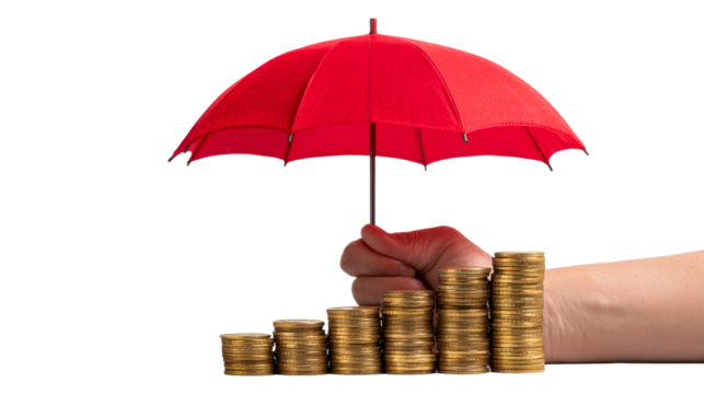 Hand holding red umbrella protecting growing stacks of coins symbolizing financial security and investment protection for personal wealth management