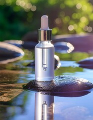 Serene Beauty: Frosted Serum Bottle on Stone in Reflective Water