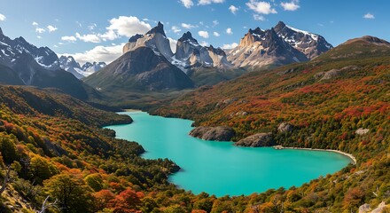 Breathtaking Turquoise Lake Amidst Autumnal Patagonian Mountains.