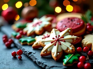 Assorted Christmas cookies on table beside decorated tree