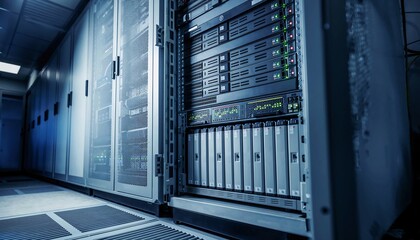 A wide-angle view of a high-tech data center featuring open server racks filled with networking hardware and blinking status LEDs, representing cloud computing and IT infrastructure.