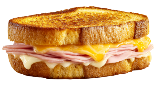 Mouthwatering grilled ham and cheese sandwich with melted gooey cheese oozing out, perfect for food blogs, menus, and culinary promotions